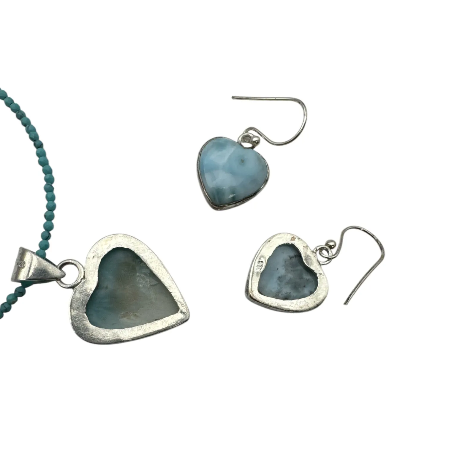 HEART Larimar Pendant Necklace Earrings Solid 925 Sterling Silver Set