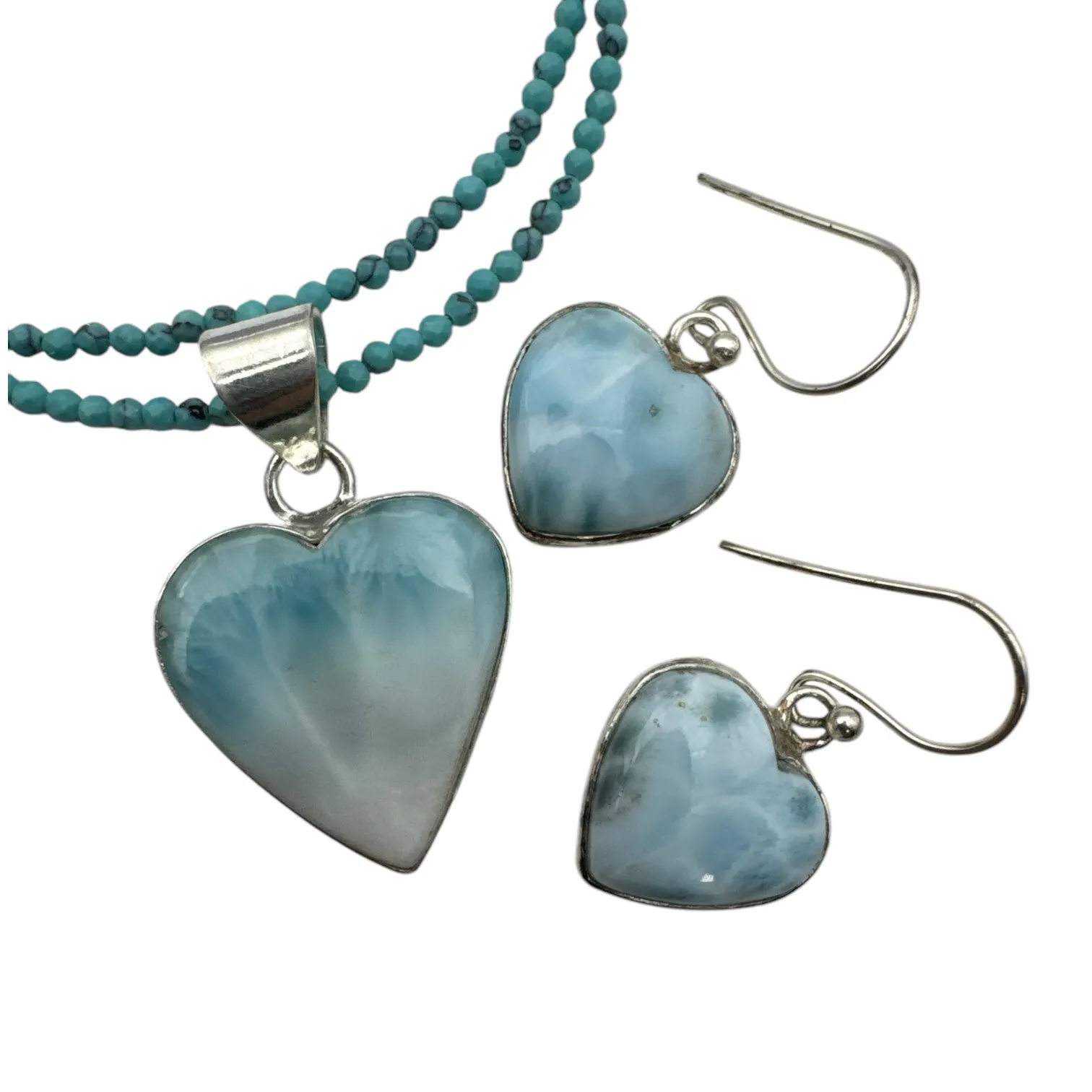 HEART Larimar Pendant Necklace Earrings Solid 925 Sterling Silver Set