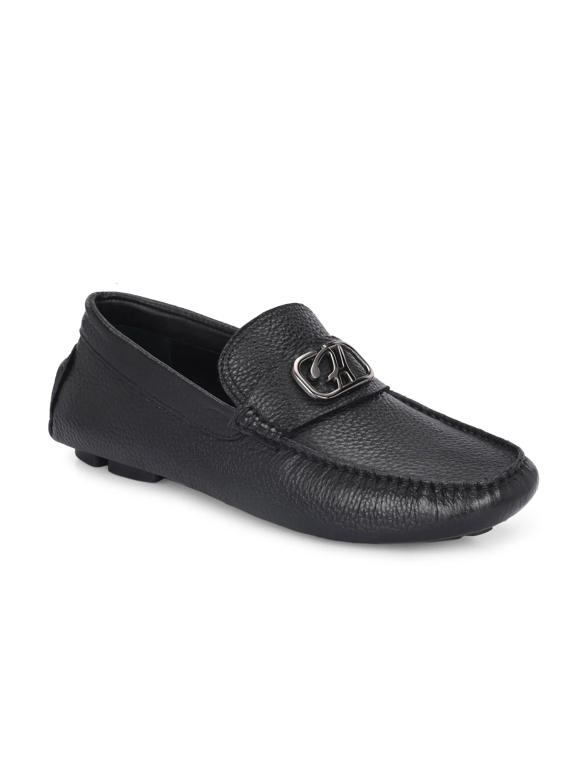Hitz Men's Black Leather Casual Loafers