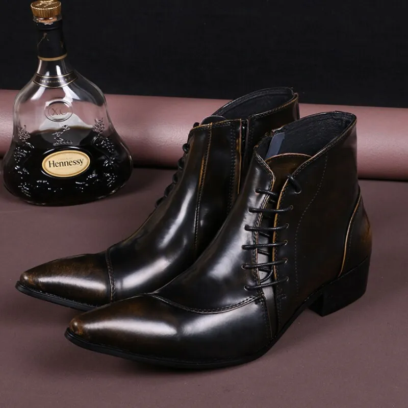 Italian Real Leather Men Boots Pointed Toe Lace Up Ankle Boots Large Size Business Men Formal Leather Boots Shoes