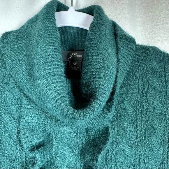 J. Crew Womens Cable Knit Sweater Size XS Green Alpaca Wool Turtleneck Ruffle