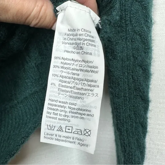 J. Crew Womens Cable Knit Sweater Size XS Green Alpaca Wool Turtleneck Ruffle