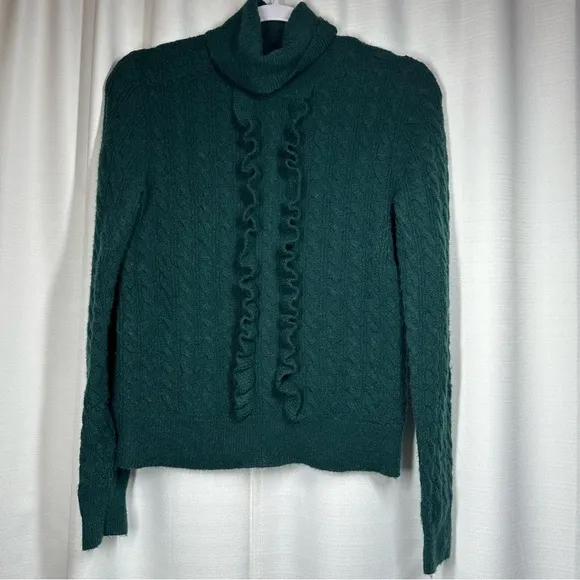 J. Crew Womens Cable Knit Sweater Size XS Green Alpaca Wool Turtleneck Ruffle