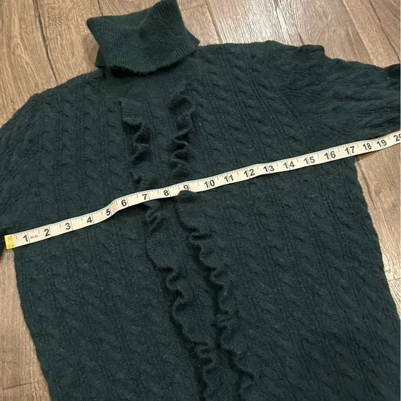 J. Crew Womens Cable Knit Sweater Size XS Green Alpaca Wool Turtleneck Ruffle