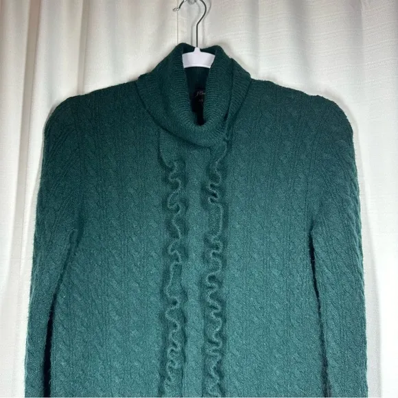 J. Crew Womens Cable Knit Sweater Size XS Green Alpaca Wool Turtleneck Ruffle
