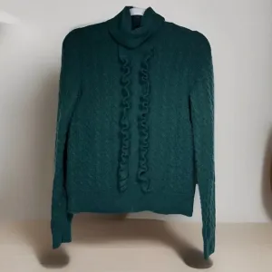 J. Crew Womens Cable Knit Sweater Size XS Green Alpaca Wool Turtleneck Ruffle