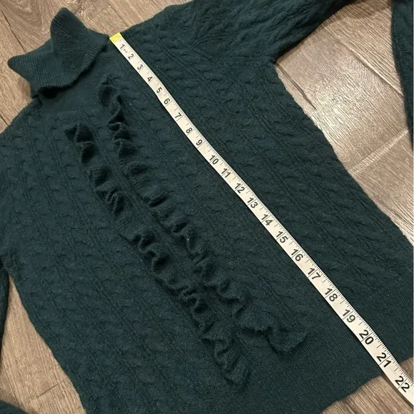 J. Crew Womens Cable Knit Sweater Size XS Green Alpaca Wool Turtleneck Ruffle