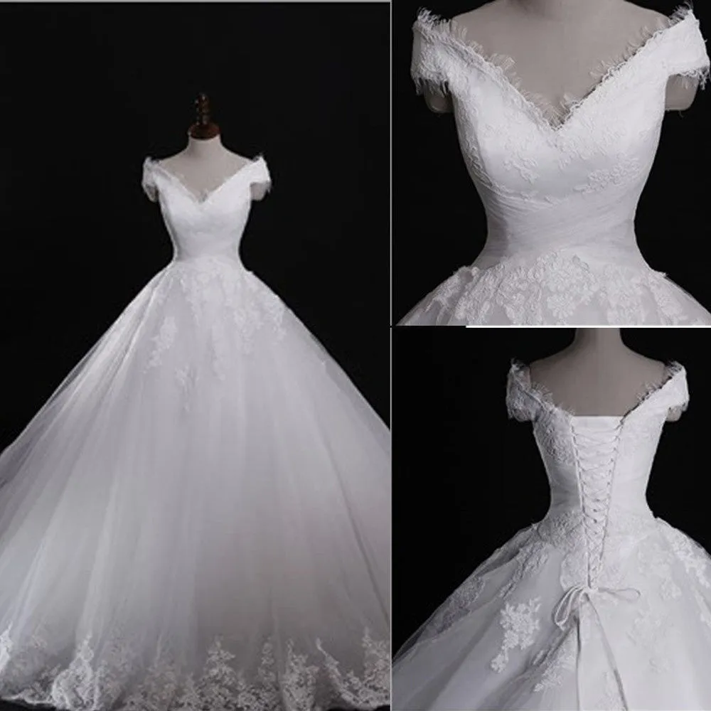 Lace Wedding Dresses,Classic Style Off Shoulder Lace Up Vantage Wedding Gowns,SVD509