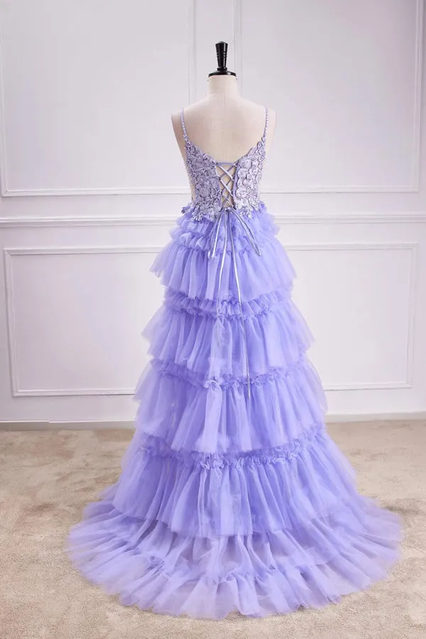 Lavender Plunging V Neck Floral Layers A-line Long Prom Dress PSK558
