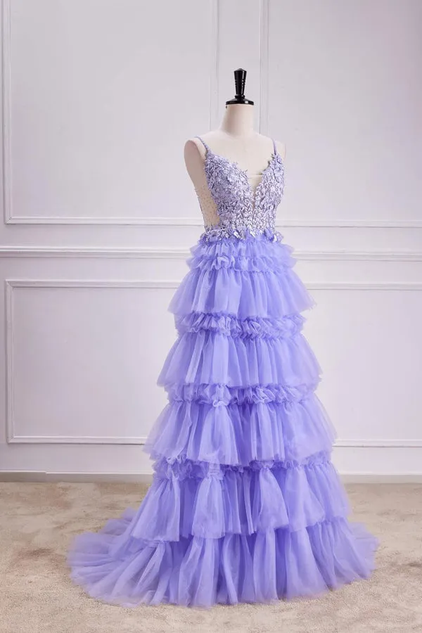 Lavender Plunging V Neck Floral Layers A-line Long Prom Dress PSK558