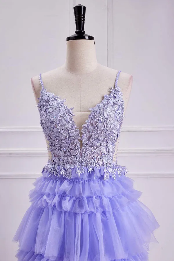 Lavender Plunging V Neck Floral Layers A-line Long Prom Dress PSK558