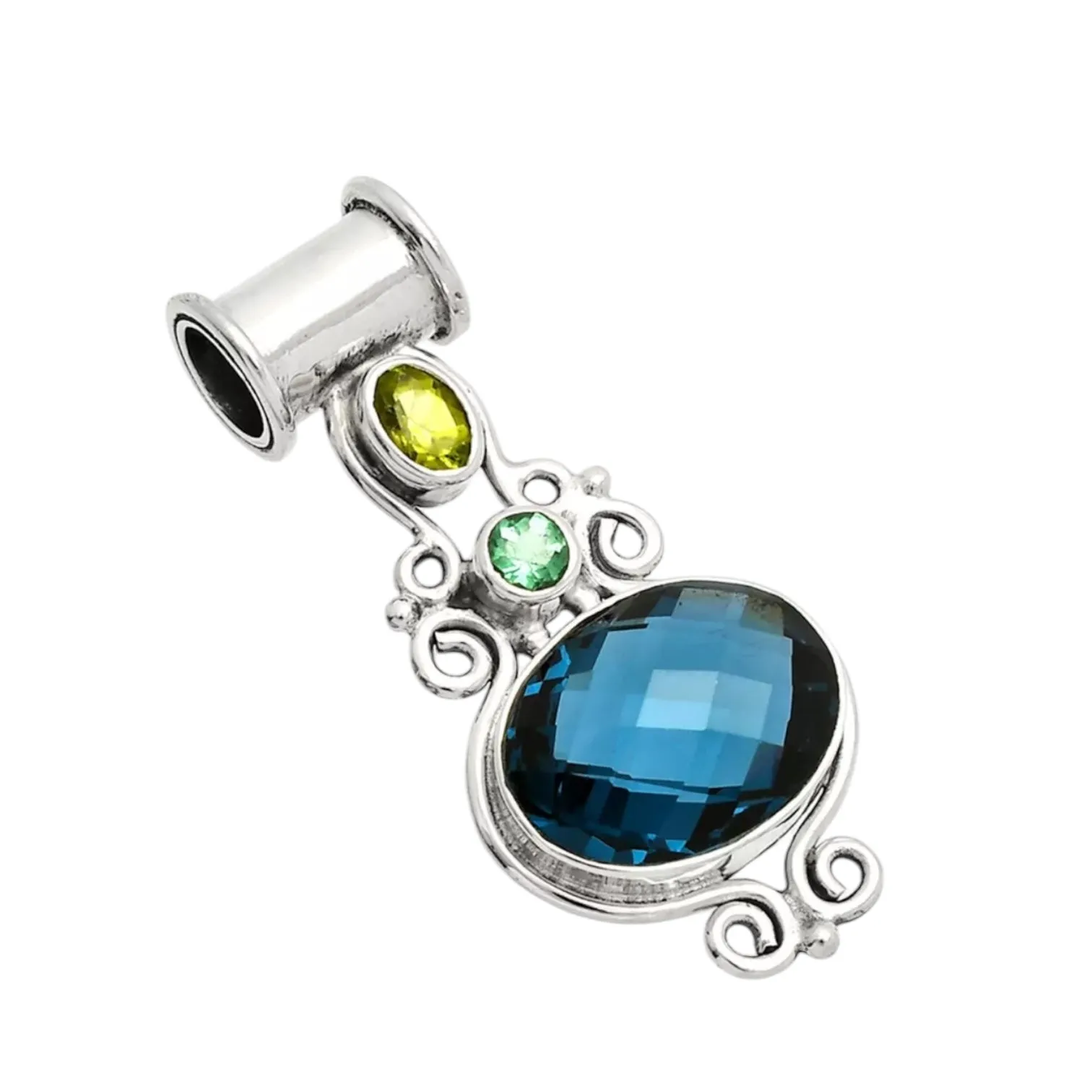 London Blue Topaz, Peridot, Tourmaline Solid 925 Sterling Silver Pendant