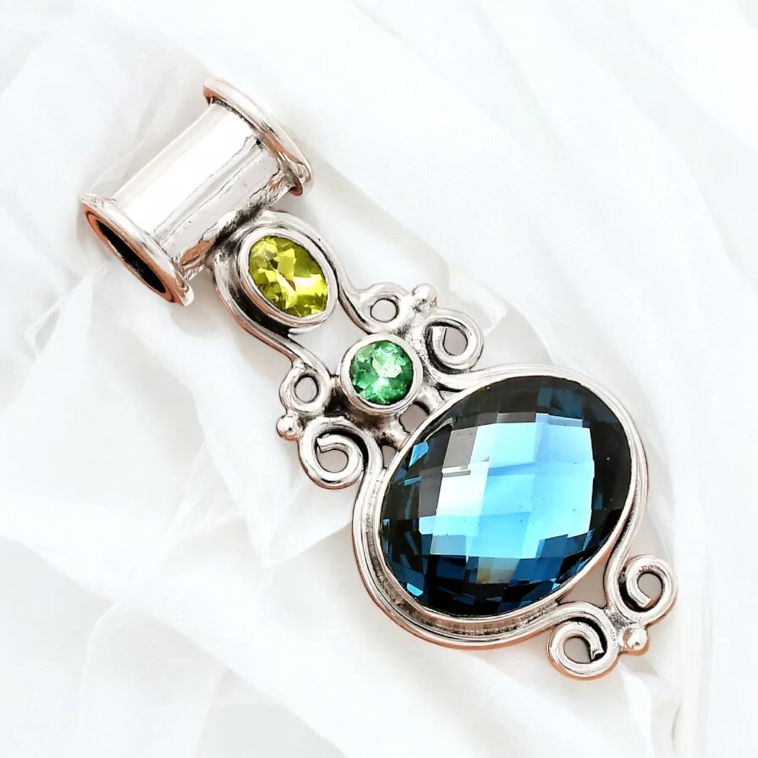 London Blue Topaz, Peridot, Tourmaline Solid 925 Sterling Silver Pendant