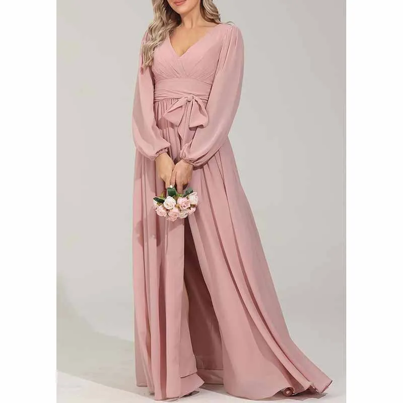 Long Chiffon Bridesmaid Dresses A Line V Neck Formal Wedding Guest Dress with Slit