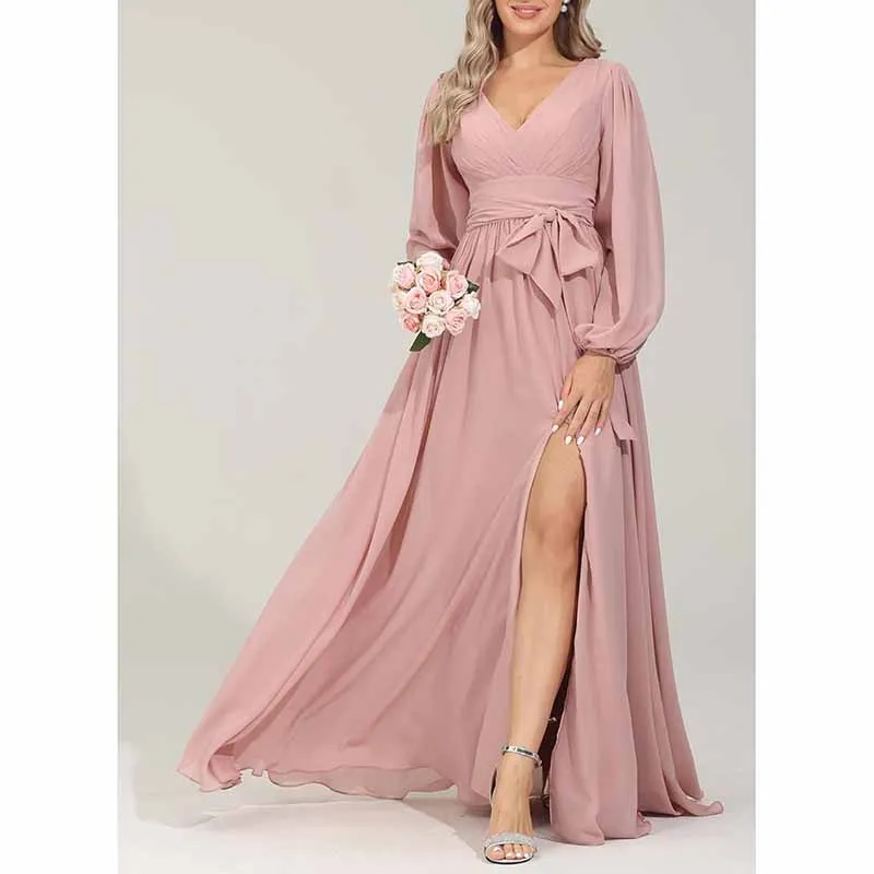 Long Chiffon Bridesmaid Dresses A Line V Neck Formal Wedding Guest Dress with Slit