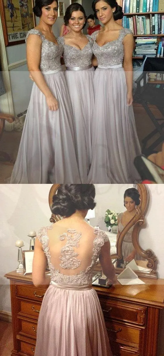 Long formal grey lace elegant a line seen through back floor-length Bridesmaid Dresses, WG02