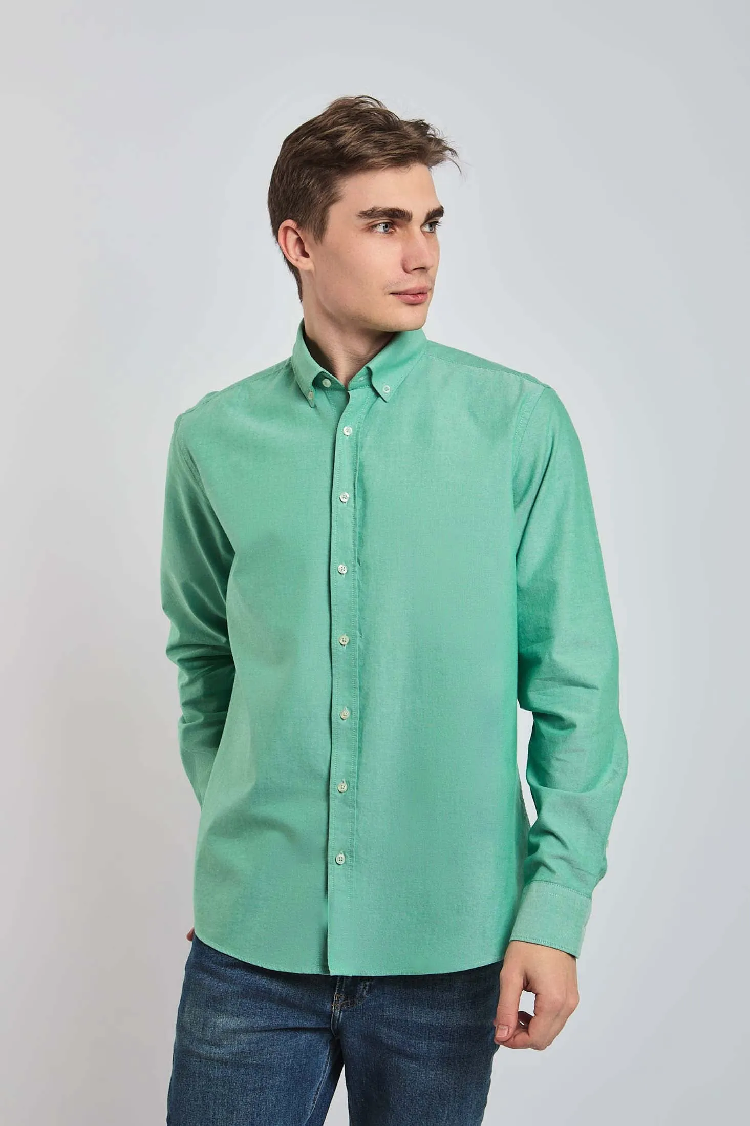 Men Shirt Regular Fit Oxford Cotton Green