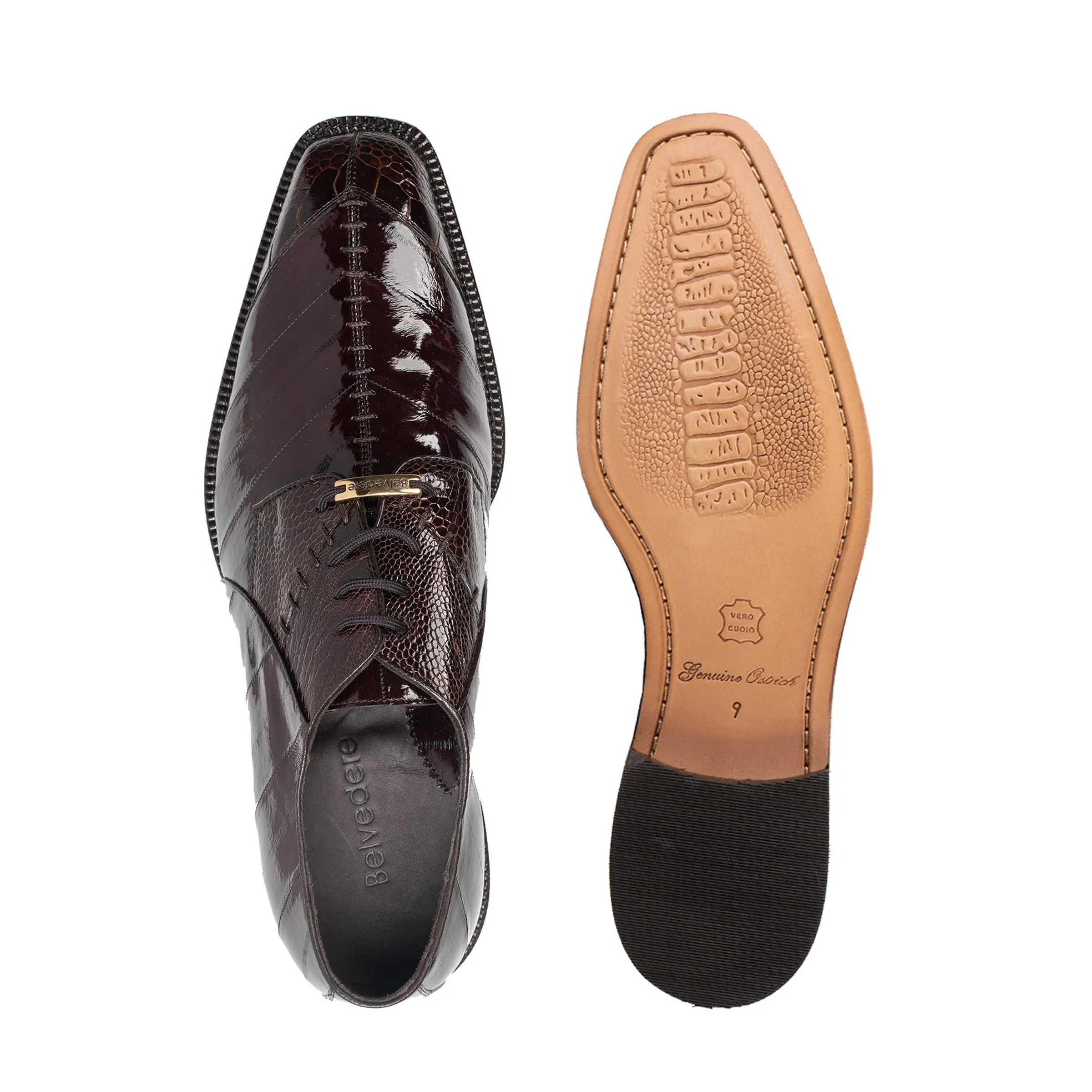 Mens Belvedere Nome Genuine Eel & Ostrich Lace Up Dress Shoe in Brown