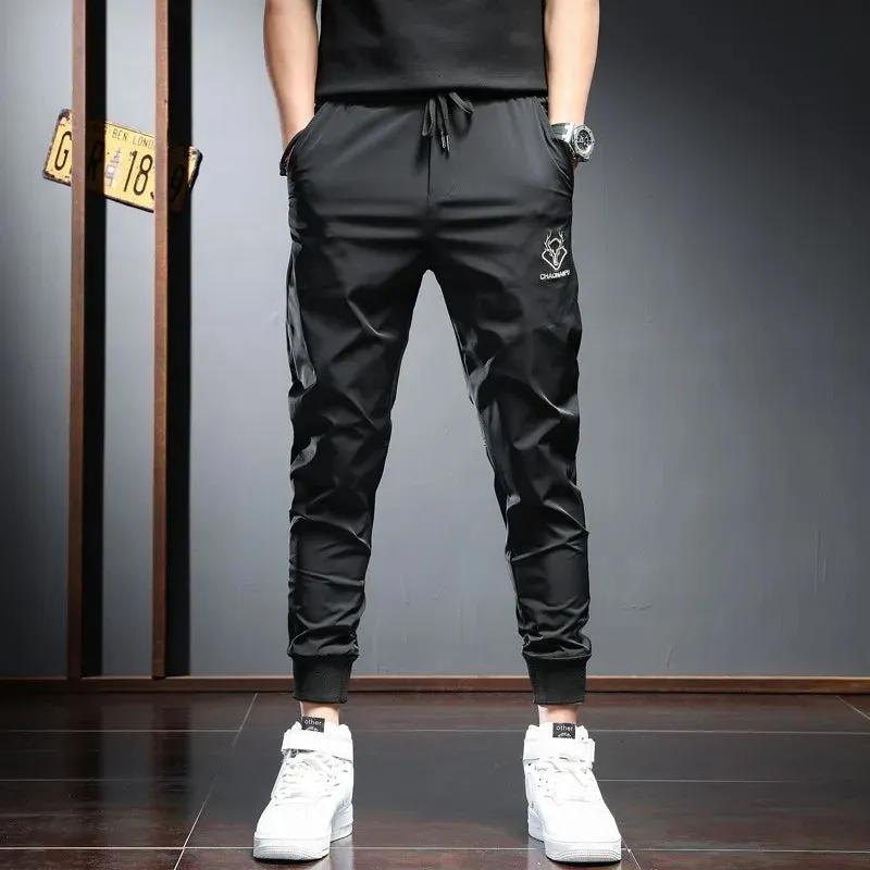 Men's Black Sport Jogging Pants - Summer Lightweight Fashion Casual Embroidery Slim Fit Elastic Waist Drawstring Joggers Trousers
