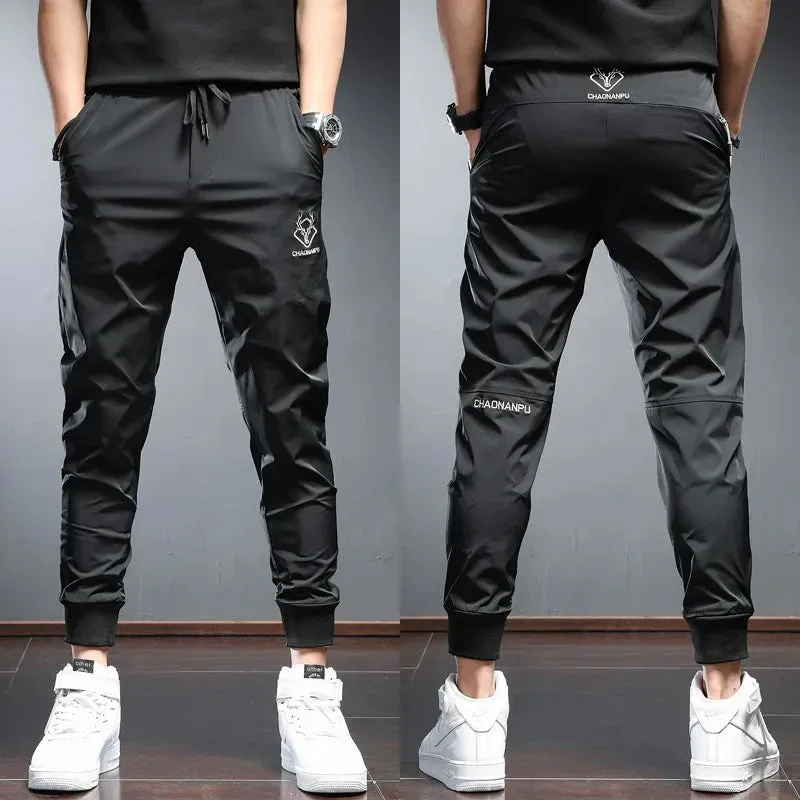 Men's Black Sport Jogging Pants - Summer Lightweight Fashion Casual Embroidery Slim Fit Elastic Waist Drawstring Joggers Trousers
