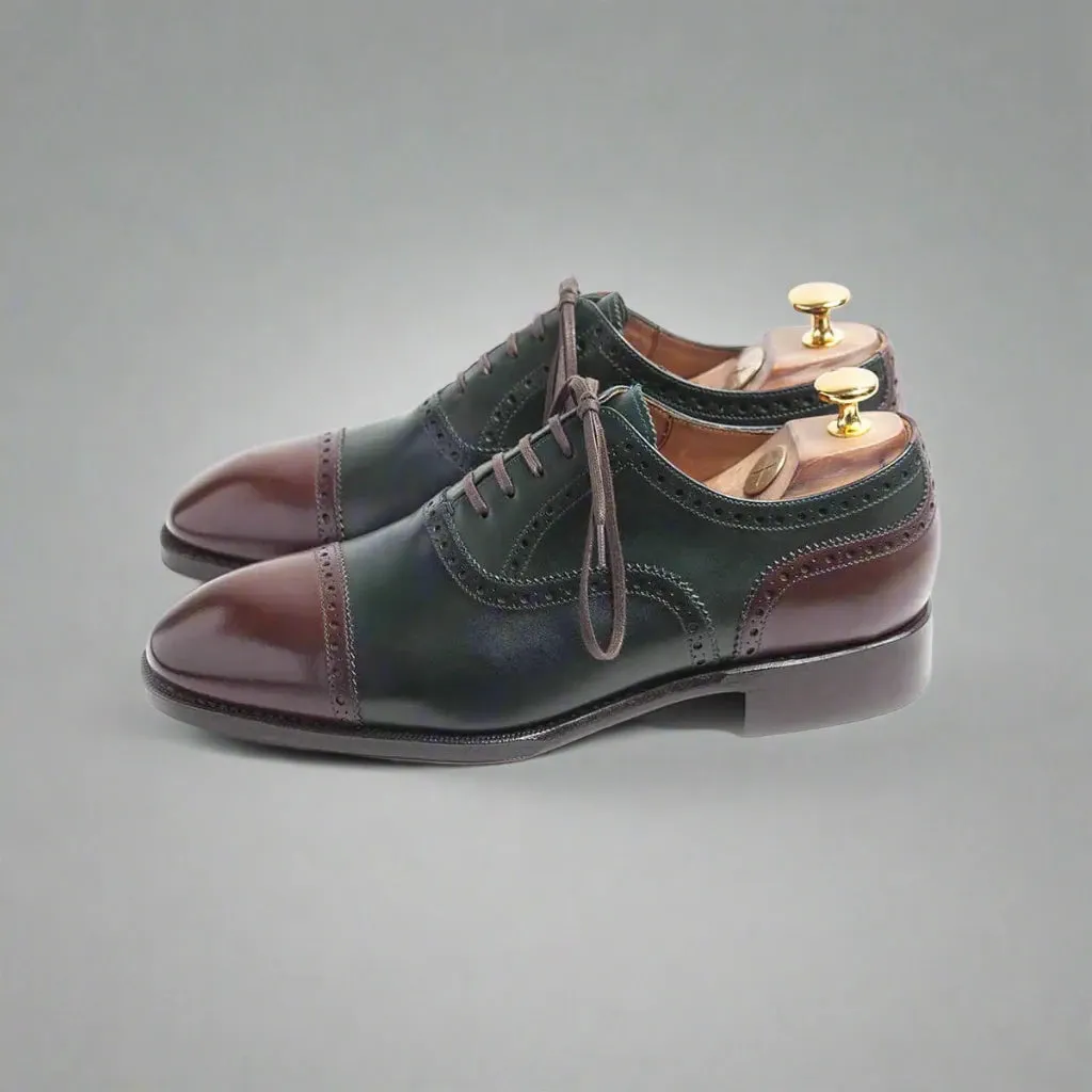 Men’s Two Tone Green & Brown Leather Toe Cap Lace Up Fine Shoes - Formal Shoes