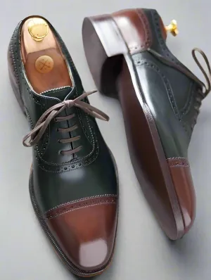 Men’s Two Tone Green & Brown Leather Toe Cap Lace Up Fine Shoes - Formal Shoes