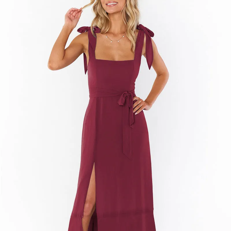 MOMENTLOVER 2025 New autumn new 2025 women's clothing elegant lace-up fashion commuter split  suspender dress