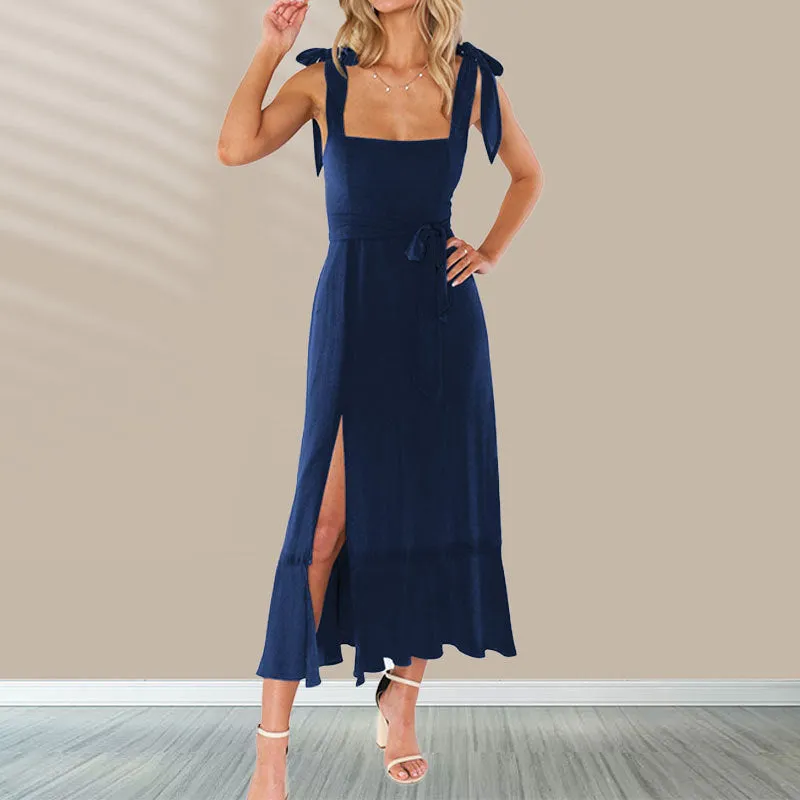 MOMENTLOVER 2025 New autumn new 2025 women's clothing elegant lace-up fashion commuter split  suspender dress