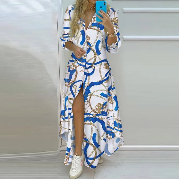 MOMENTLOVER New cross-border autumn dress trend commuter print single-breasted long-sleeved shirt collar dress