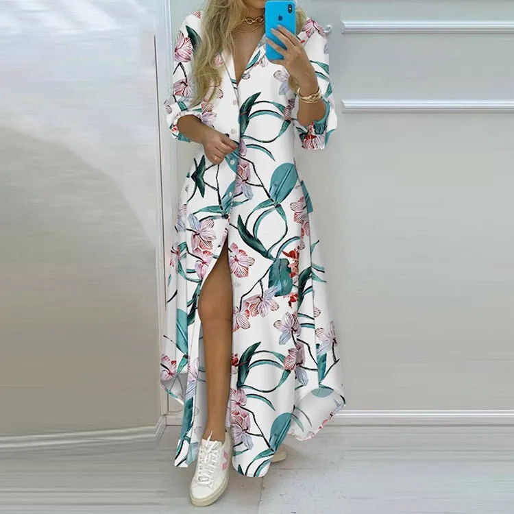 MOMENTLOVER New cross-border autumn dress trend commuter print single-breasted long-sleeved shirt collar dress