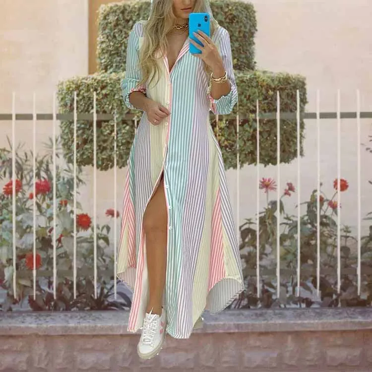 MOMENTLOVER New cross-border autumn dress trend commuter print single-breasted long-sleeved shirt collar dress