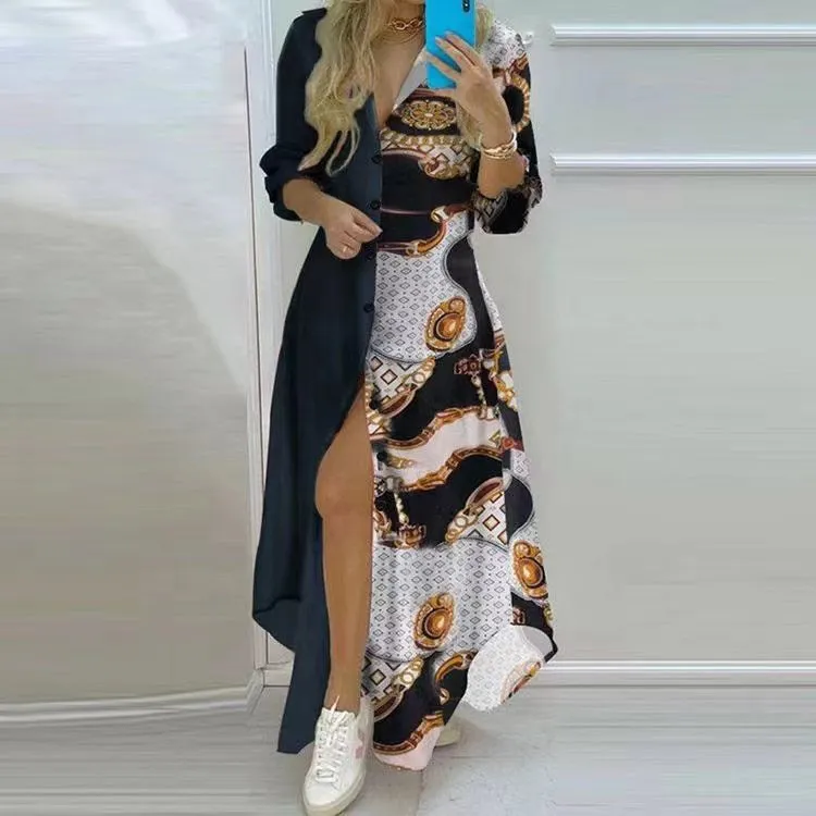 MOMENTLOVER New cross-border autumn dress trend commuter print single-breasted long-sleeved shirt collar dress