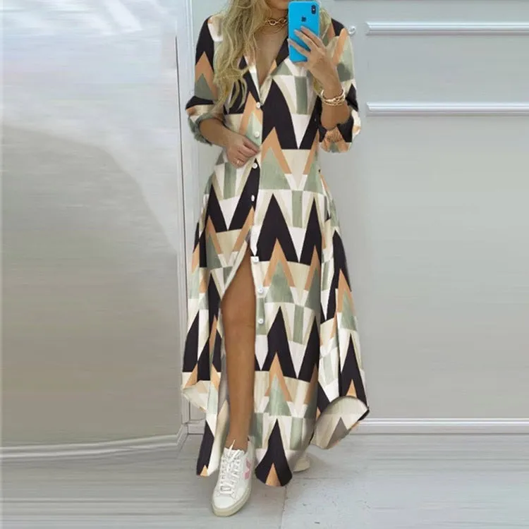 MOMENTLOVER New cross-border autumn dress trend commuter print single-breasted long-sleeved shirt collar dress