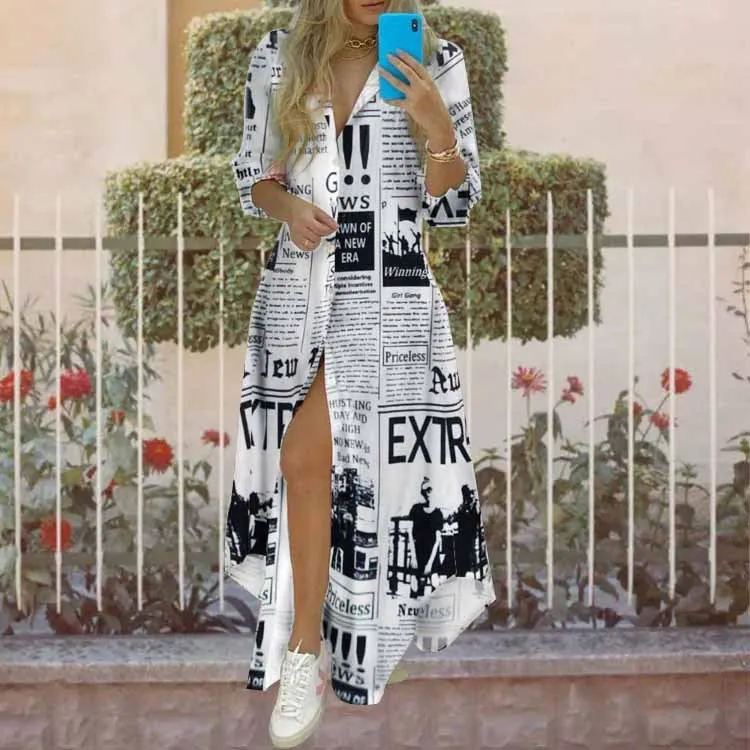 MOMENTLOVER New cross-border autumn dress trend commuter print single-breasted long-sleeved shirt collar dress