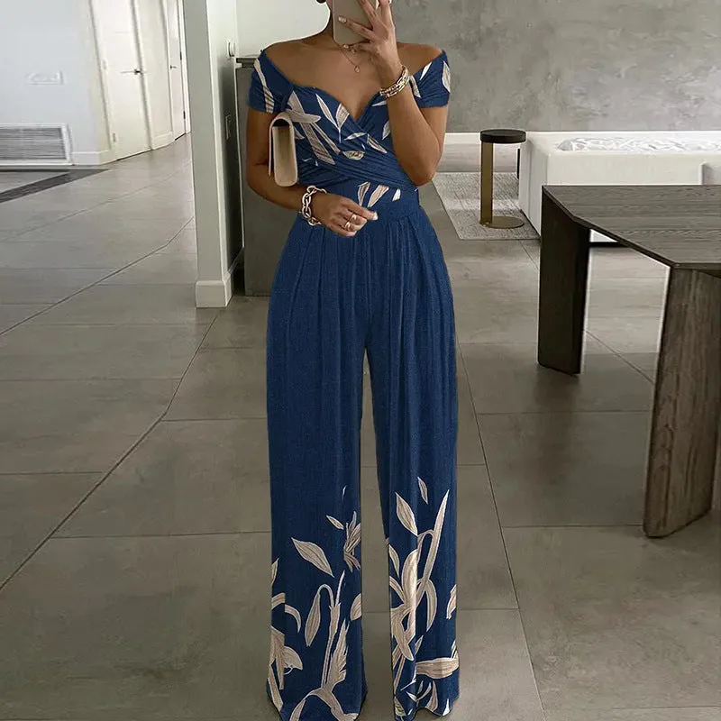 MOMENTLOVER New new   2025 commuter women's clothing one-word shoulder printed trousers sexy high-waisted jumpsuit