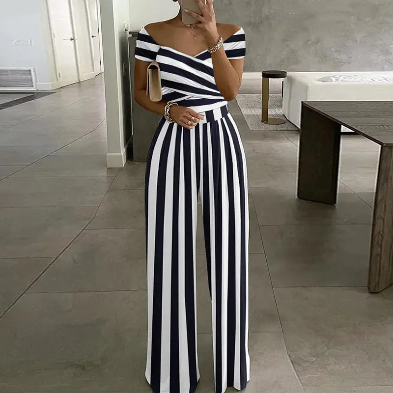 MOMENTLOVER New new   2025 commuter women's clothing one-word shoulder printed trousers sexy high-waisted jumpsuit