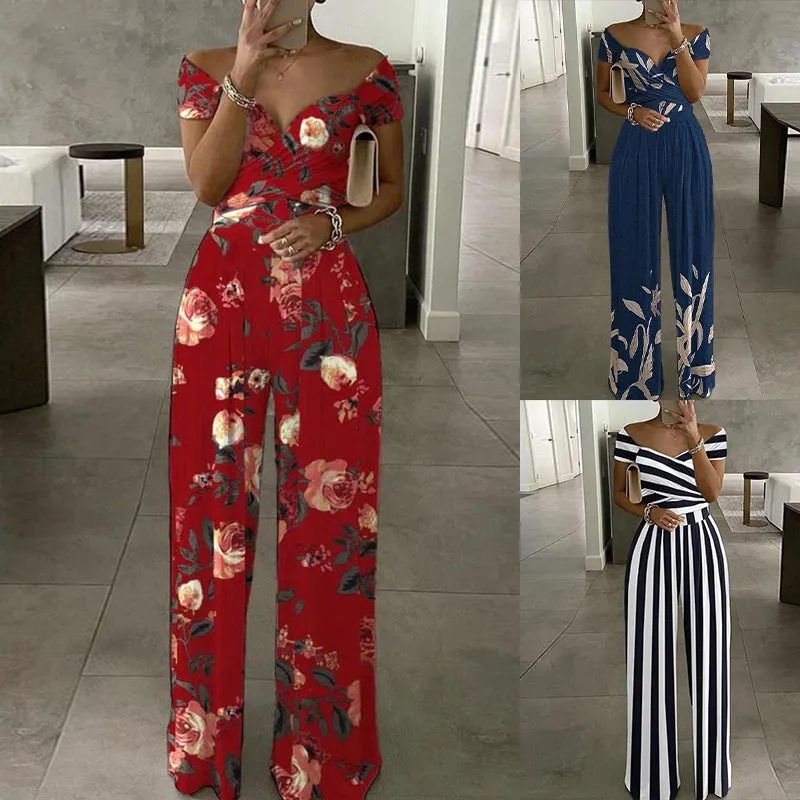 MOMENTLOVER New new   2025 commuter women's clothing one-word shoulder printed trousers sexy high-waisted jumpsuit