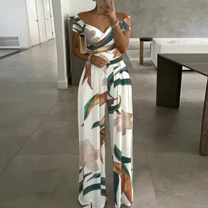 MOMENTLOVER New new   2025 commuter women's clothing one-word shoulder printed trousers sexy high-waisted jumpsuit