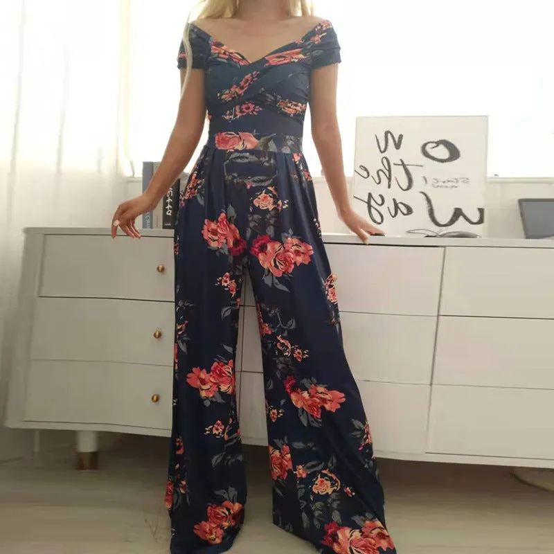 MOMENTLOVER New new   2025 commuter women's clothing one-word shoulder printed trousers sexy high-waisted jumpsuit