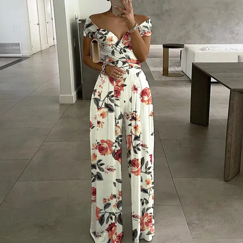 MOMENTLOVER New new   2025 commuter women's clothing one-word shoulder printed trousers sexy high-waisted jumpsuit
