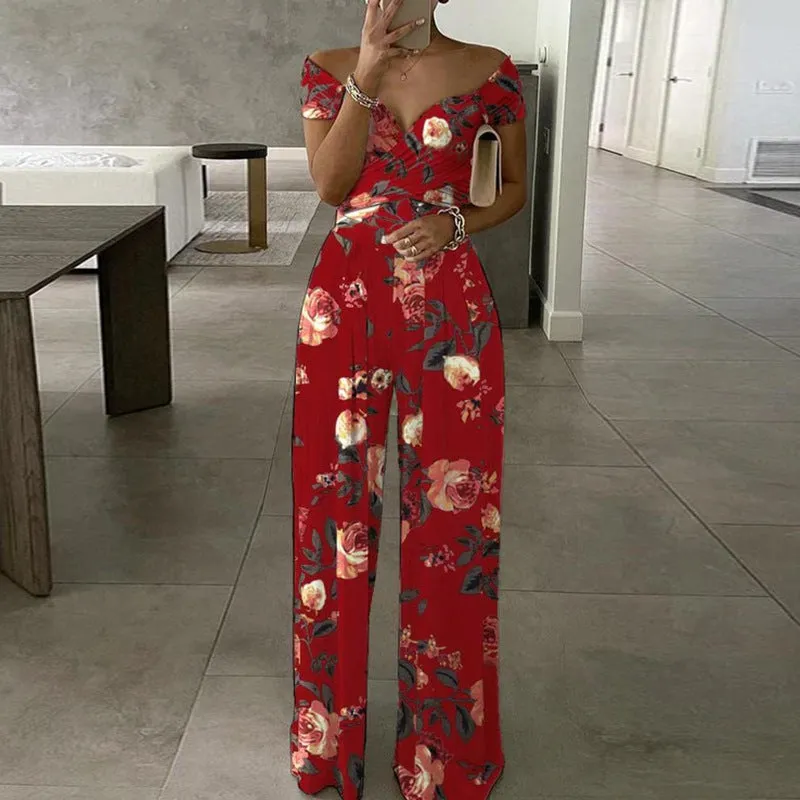MOMENTLOVER New new   2025 commuter women's clothing one-word shoulder printed trousers sexy high-waisted jumpsuit