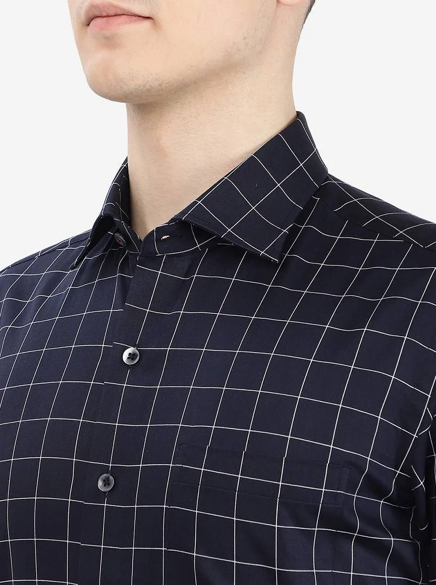 Navy Blue Checked Slim Fit Formal Shirt | Metal