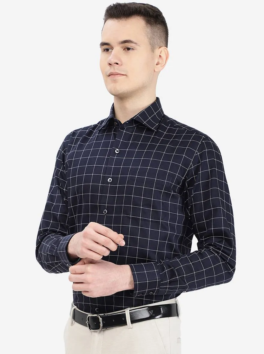 Navy Blue Checked Slim Fit Formal Shirt | Metal