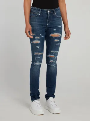 Navy Distressed Slim Fit Denim Jeans