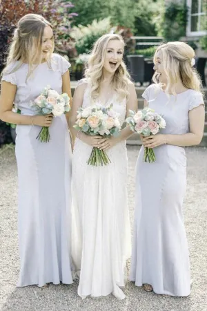 New Arrival Sheath Bateau Cap Sleeves Floor-Length Stain Bridesmaid Dresses with Lace OK653