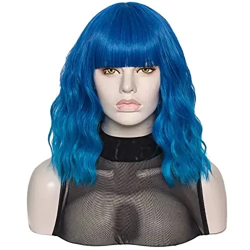 Ocean Blue Wavy Hair Wig with Bang