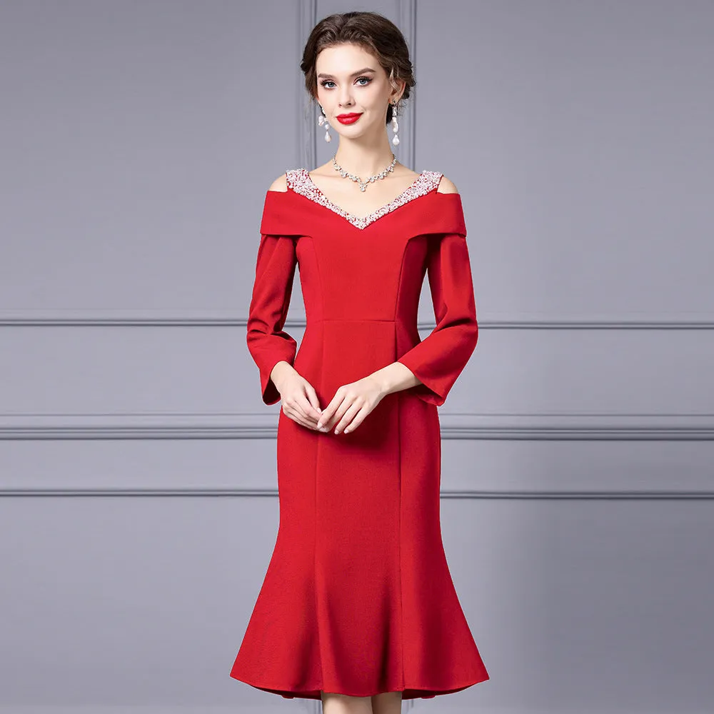 Off Shoulder Midi Fishtail Dress with Rhinestone Trim