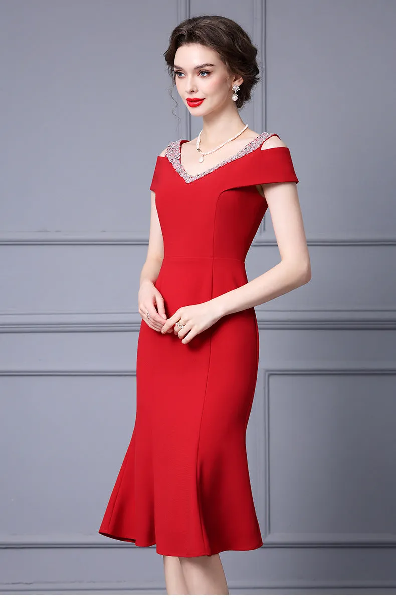 Off Shoulder Midi Fishtail Dress with Rhinestone Trim