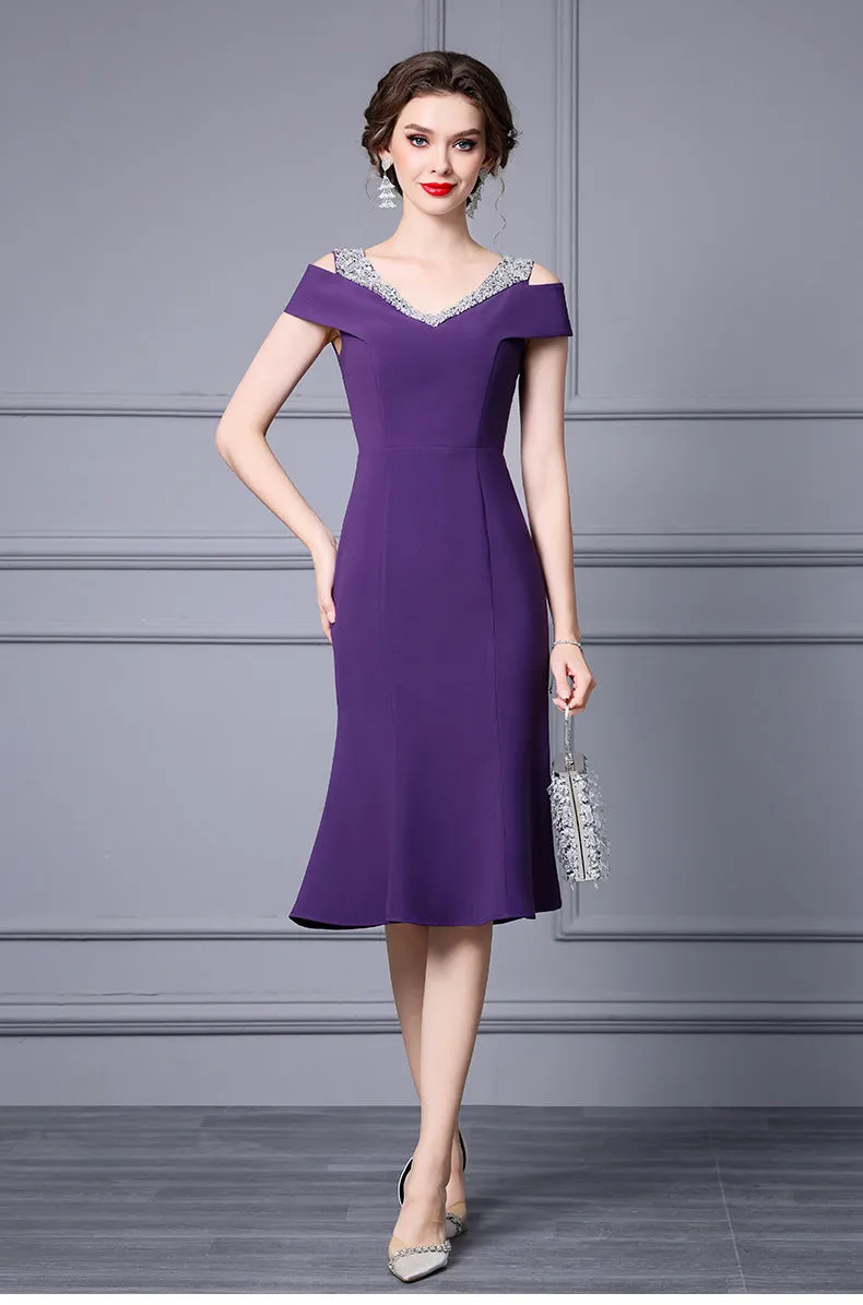 Off Shoulder Midi Fishtail Dress with Rhinestone Trim