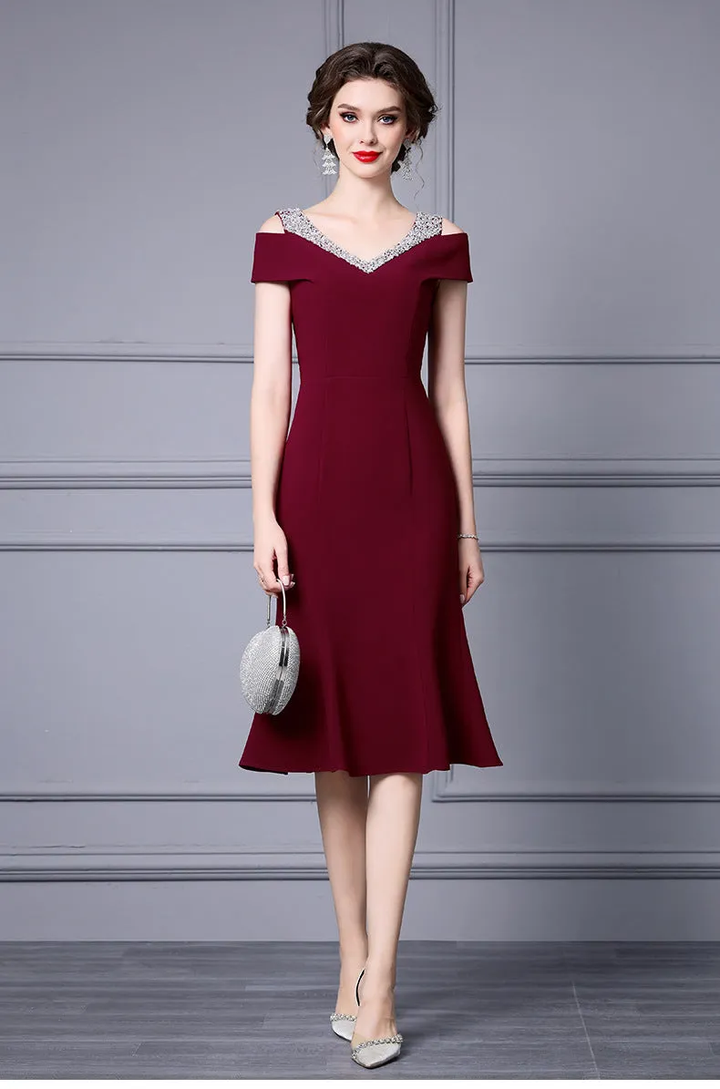 Off Shoulder Midi Fishtail Dress with Rhinestone Trim